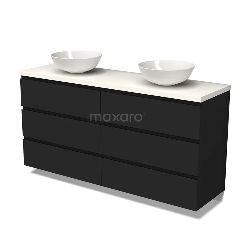 Badmöbel für Waschtischunterschrank mit Konsole 160cm Modulo Plato Matt Schwarz 3 Schubladen Grifflos Matt Weiß Platte BMK20-00017 Schwarze Badmöbelset mit Doppelwaschbecken, schlankes Design, Matt Schwarz mit weißen Keramikkommen, modern und stilvoll.