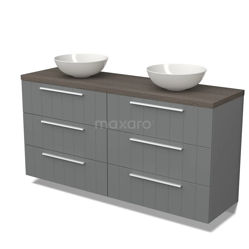 Modulo Plato Vanity units for countertop basin | 160 cm Mid grey Slat front Dark brown oak worktop 6 drawers BMK20-00035