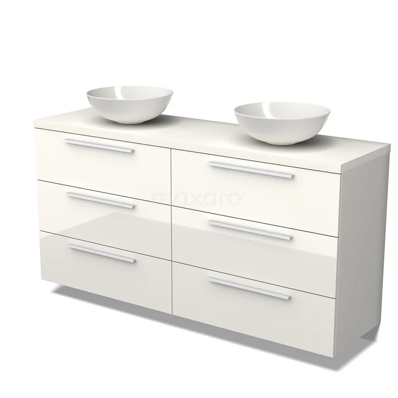 Badmöbel für Waschtischunterschrank mit Konsole 160cm Modulo Plato Hochglanz Weiß 3 Schubladen Flach Matt Weiß Platte BMK20-00045 Weißer Badschrank mit sechs Schubladen, doppelten Aufsatzwaschbecken und schickem Design, ideal für moderne Badezimmerlagerung.