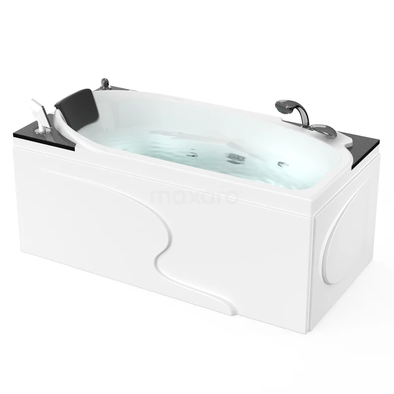 Whirlpool Bad Reef Silber 1 Person 160x80cm Wassermassage W081-164CMN Weißes rechteckiges Wellness-Bad mit schwarzer Kopfstütze, Whirlpoolfunktion und verchromten Armaturen, ideal für luxuriöse Badezimmerentspannung.
