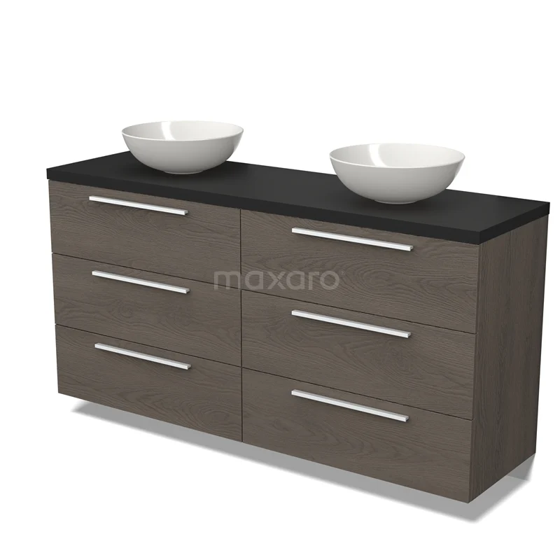 Modulo Plato Vanity units for countertop basin | 160 cm Dark brown oak Flat front Matte black worktop 6 drawers BMK20-00183