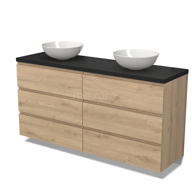 Badmöbel für Waschtischunterschrank mit Konsole 160cm Modulo Plato Hellbraune Eiche 3 Schubladen Grifflos Matt Schwarz Platte BMK20-00225 Holz Badezimmermöbel mit schwarzer Oberfläche und zwei weißen Aufsatzwaschbecken, modernes Erscheinungsbild, ideal für eine stilvolle Badezimmergestaltung.