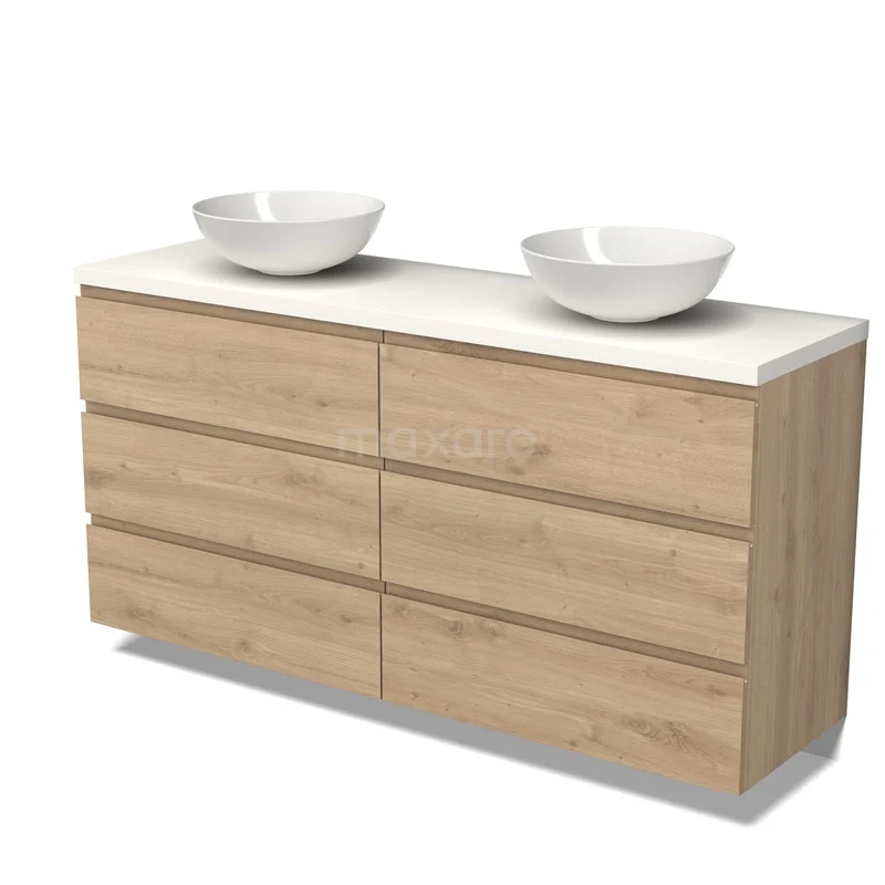 Badmöbel für Aufsatzwaschbecken 160cm Modulo Plato Hellbraune Eiche 3 Schubladen Grifflos Matt Weiß Platte BMK20-00227 Holz Badezimmermöbel mit Doppelwaschbecken, modernes Design, helle Eiche Farbe, geeignet für stilvolle Badezimmerlagerung.