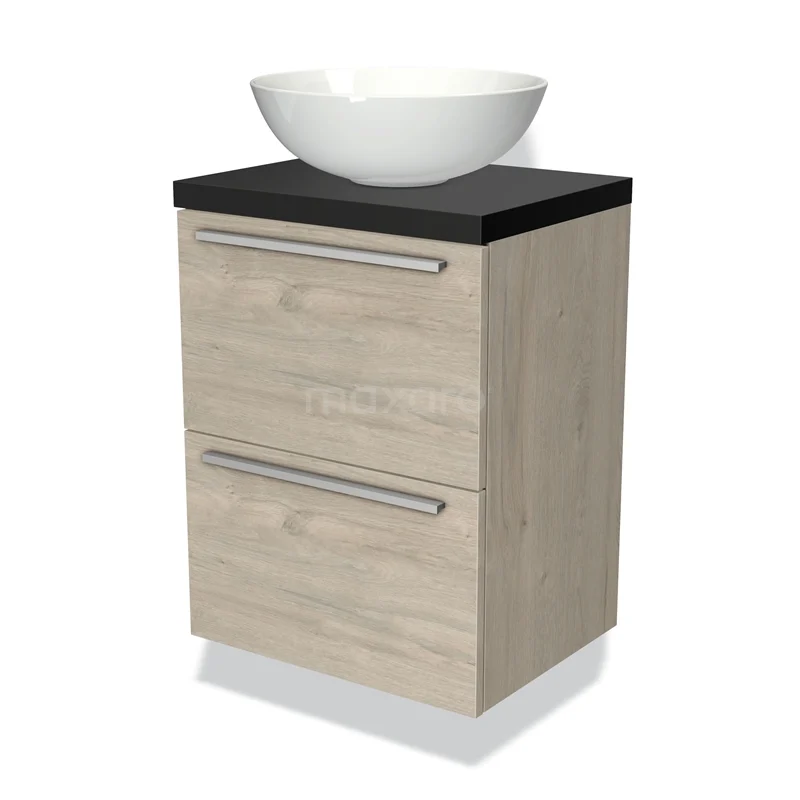 Modulo Plato Slim Vanity units for countertop basin | 50 cm Light grey oak Flat front Matte black worktop 2 Stacked drawers BMK37-00178