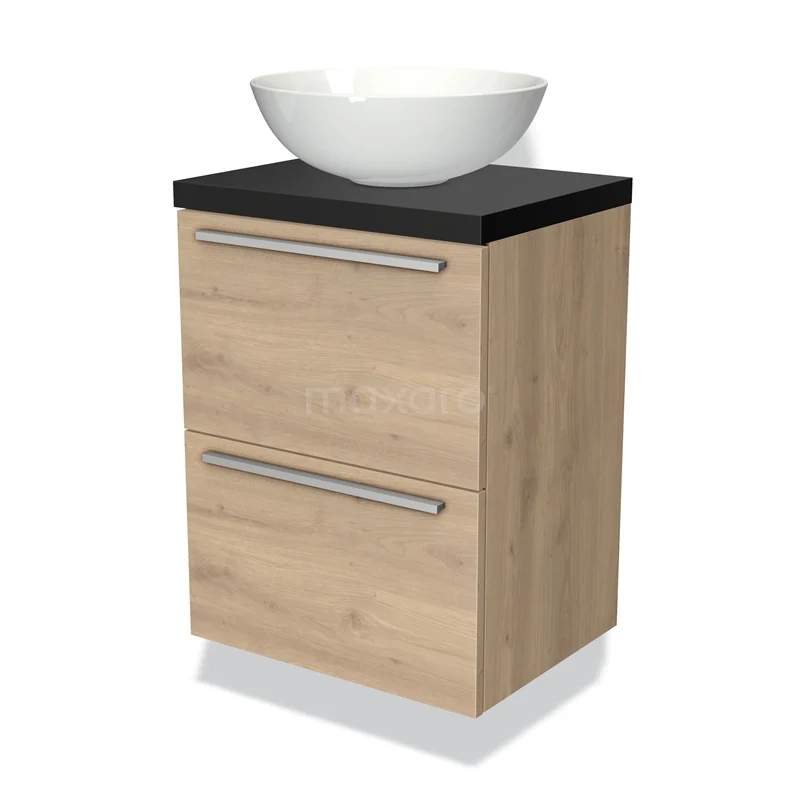 Modulo Plato Slim Vanity units for countertop basin | 50 cm Light brown oak Flat front Matte black worktop 2 Stacked drawers BMK37-00180