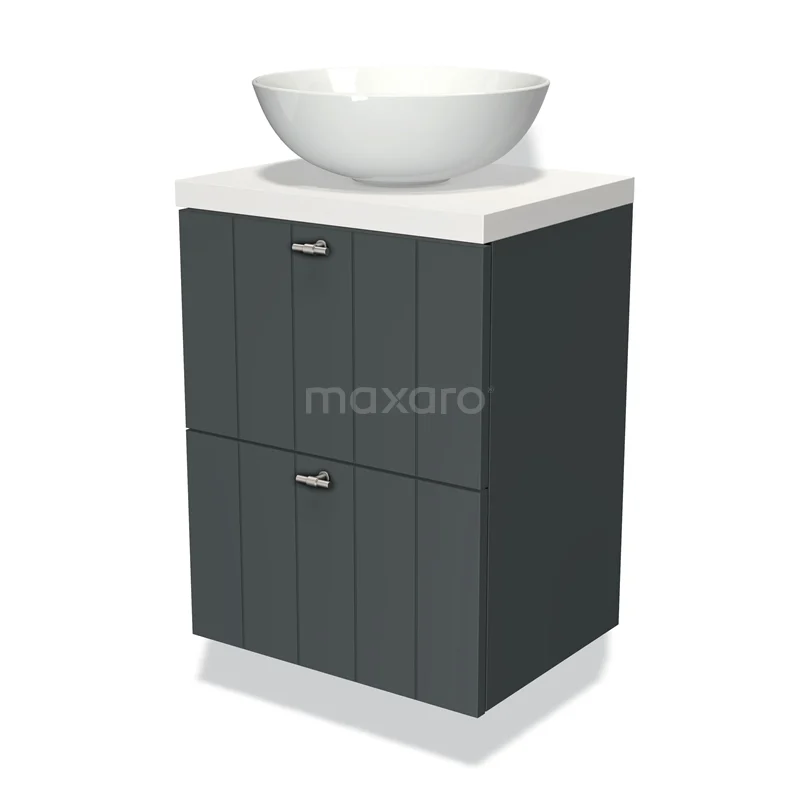 Modulo Plato Slim Vanity units for countertop basin | 50 cm Dark grey Slat front Matte white worktop 2 Stacked drawers BMK37-00258