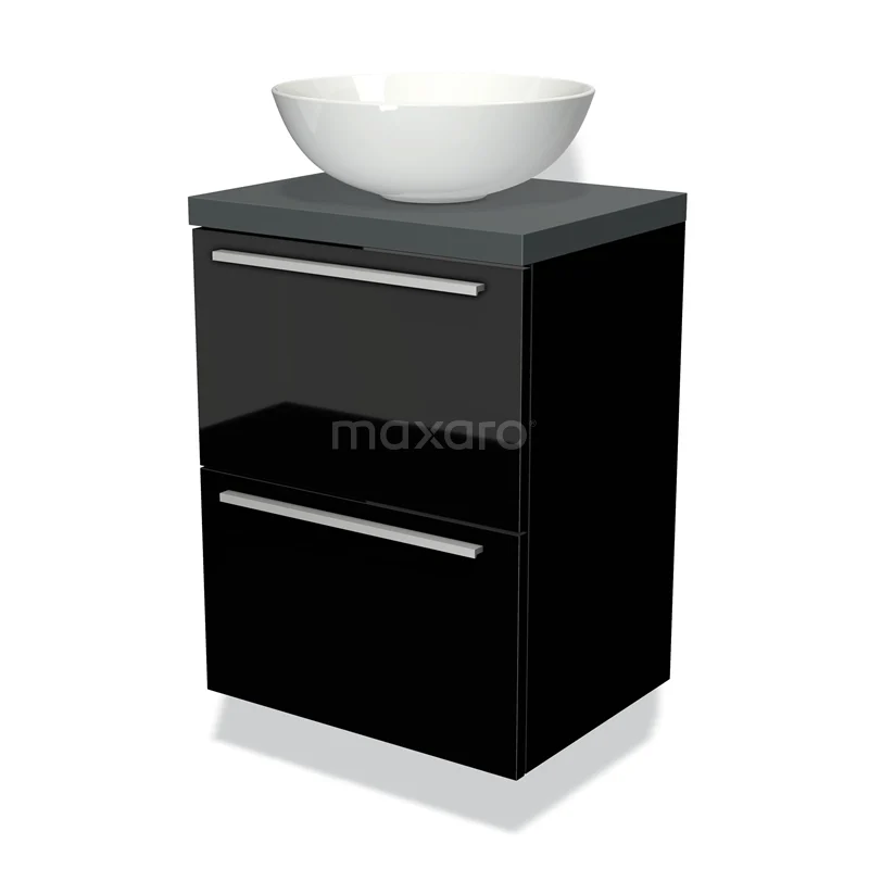Modulo Plato Slim Vanity units for countertop basin | 50 cm High-gloss black Flat front Dark grey worktop 2 Stacked drawers BMK37-00289