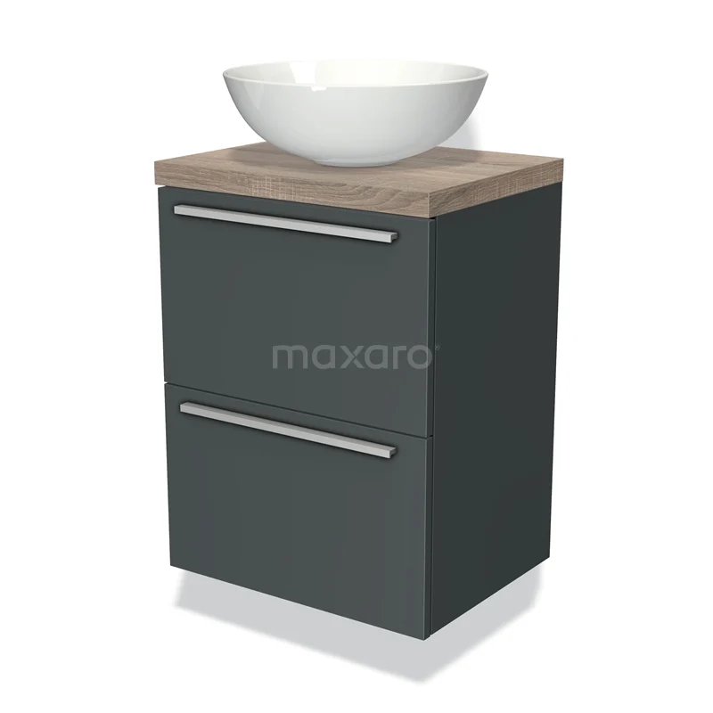 Badmöbel für Aufsatzwaschbecken 50cm Modulo Plato Slim Dunkelgrau 2 Schubladen Flach BMK37-00347 Dunkelgraue Badmöbelset mit Holzlook Platte, weißem Aufsatzwaschbecken und schlichten metallischen Haltegriffen.