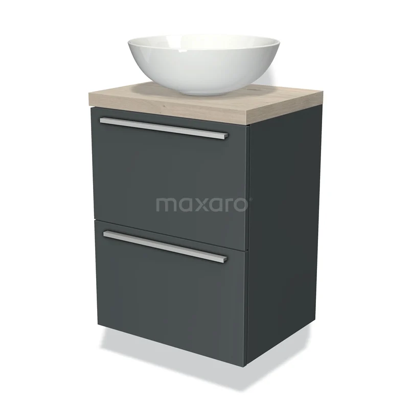 Modulo Plato Slim Vanity units for countertop basin | 50 cm Dark grey Flat front Light grey oak worktop 2 Stacked drawers BMK37-00377