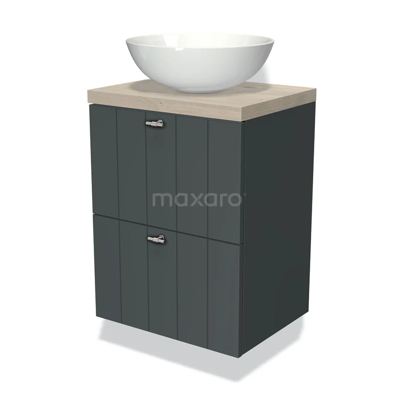 Modulo Plato Slim Vanity units for countertop basin | 50 cm Dark grey Slat front Light grey oak worktop 2 Stacked drawers BMK37-00378