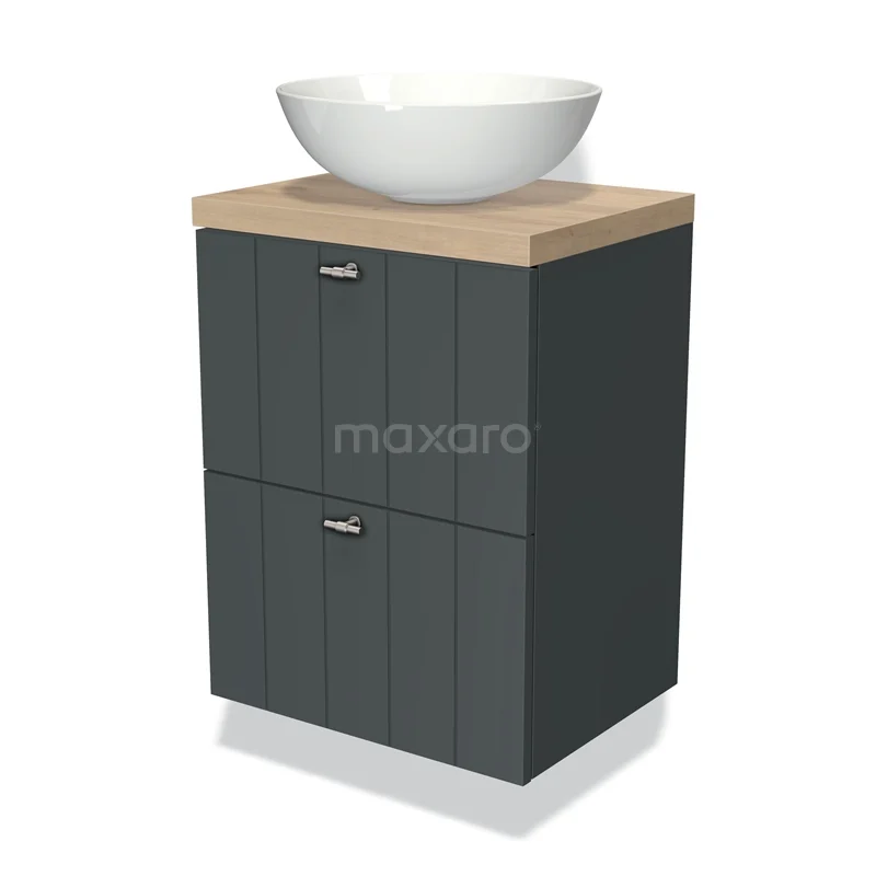 Modulo Plato Slim Vanity units for countertop basin | 50 cm Dark grey Slat front Light brown oak worktop 2 Stacked drawers BMK37-00408