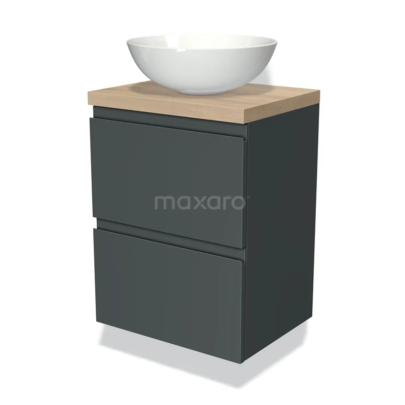 Anthracite grey Bathroom unit with wood-look worktop and round ceramic basin, stylish and compact design for modern bathrooms.