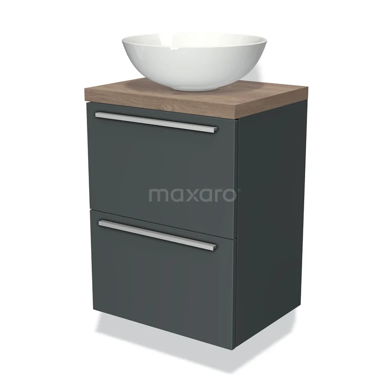 Modulo Plato Slim Vanity units for countertop basin | 50 cm Dark grey Flat front Mid brown oak worktop 2 Stacked drawers BMK37-00437