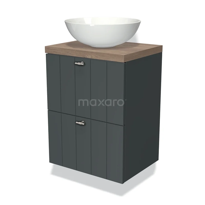 Modulo Plato Slim Vanity units for countertop basin | 50 cm Dark grey Slat front Mid brown oak worktop 2 Stacked drawers BMK37-00438