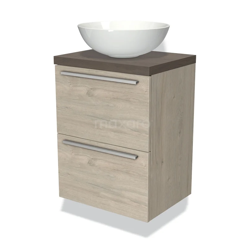 Modulo Plato Slim Vanity units for countertop basin | 50 cm Light grey oak Flat front Dark brown oak worktop 2 Stacked drawers BMK37-00475