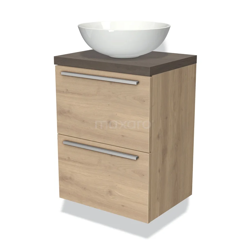 Badmöbel mit Konsole 50cm Modulo Plato Slim Hellbraune Eiche 2 Schubladen Flach BMK37-00477 Holz-Badschrank mit Aufsatzwaschbecken, helle Holzfarbe, zwei Schubladen mit Metallgriffen, modernes Design für stilvolle Badezimmergestaltung.