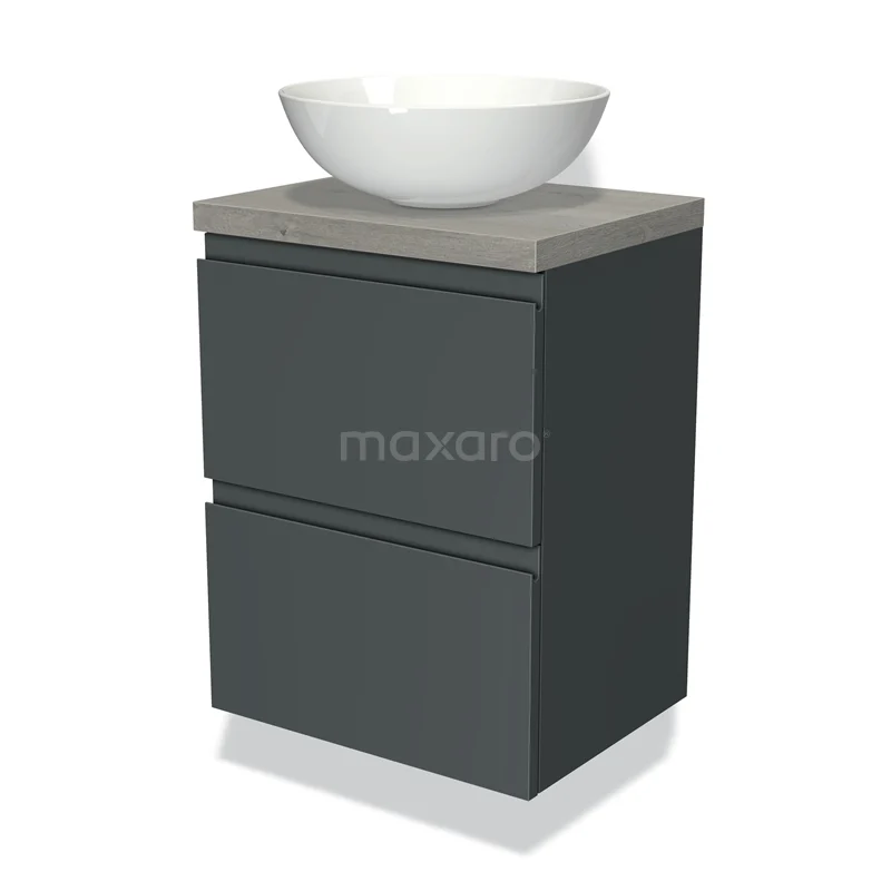Dark grey bathroom unit with two drawers, concrete worktop and white surface wash basin, modern design for stylish bathrooms.