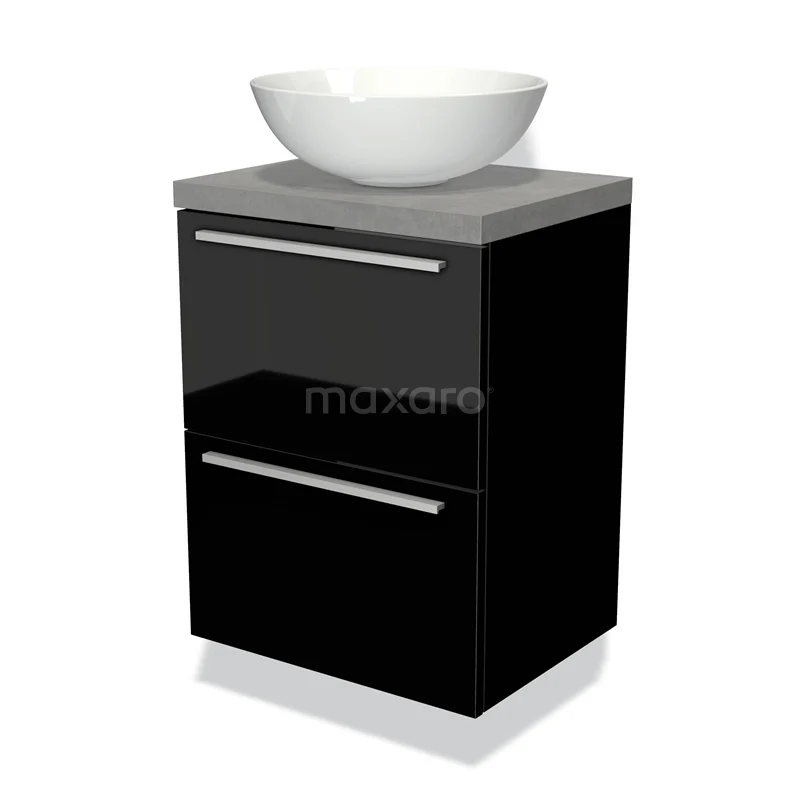 Waschtischunterschrank mit Konsole 50cm Modulo Plato Slim Hochglanz Schwarz 2 Schubladen Flach BMK37-00530 Schwarz Badmöbel mit einer glänzenden Oberfläche, einem runden weißen Waschbecken und einer grauen Stein Platte für einen modernen Look.