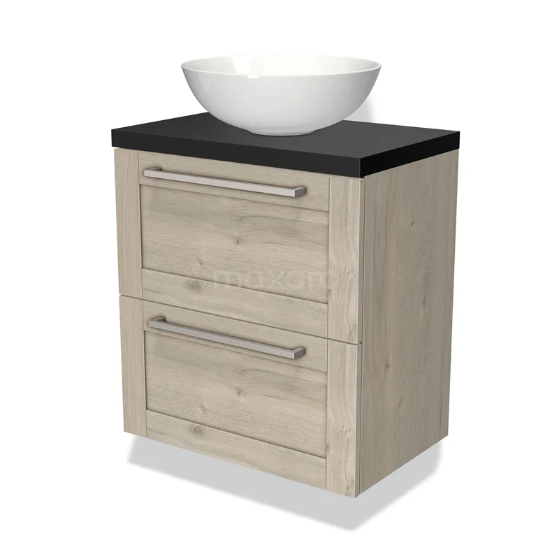Modulo Plato Slim Badmöbel mit Aufsatzwaschbecken | 60 cm Hellgraue Eiche Rahmen front Matt Schwarz blatt 2 übereinanderliegende Schubladen BMK37-00595 Holz Badezimmermöbel mit Schwarz Platte, zwei Schubladen und einem runden weißen Aufsatzwaschbecken, modernes und kompaktes Design.