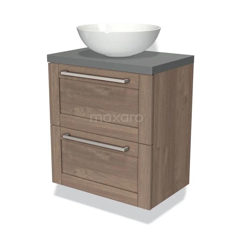 Badkamermeubel houtlook met grijze wasbak van keramiek, 2 lades en moderne metalen handgrepen voor stijlvolle badkameropslag.