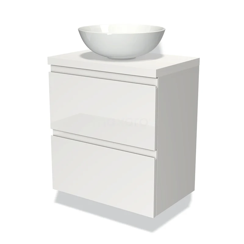 Witte badkamerkast met twee lades, glanzende afwerking en ronde opzetwaskom, ideaal voor moderne badkamerinrichting.