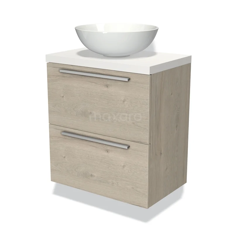 Modulo Plato Slim Badmöbel mit Aufsatzwaschbecken | 60 cm Hellgraue Eiche Flach front Matt Weiß blatt 2 übereinanderliegende Schubladen BMK37-00681 Holz Badezimmermöbel mit zwei Schubladen, weißer Oberseite und rundem Waschbecken, modernes Design für ein stilvolles Badezimmer.