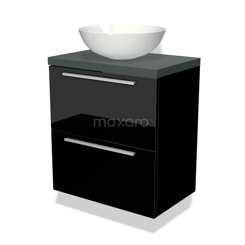 Waschtischunterschrank mit Konsole 60cm Modulo Plato Slim Hochglanz Schwarz 2 Schubladen Flach BMK37-00705 Schwarz glänzendes Badmöbel mit zwei Schubladen, einschließlich weißem keramischen Aufsatzwaschbecken und schickem Design.