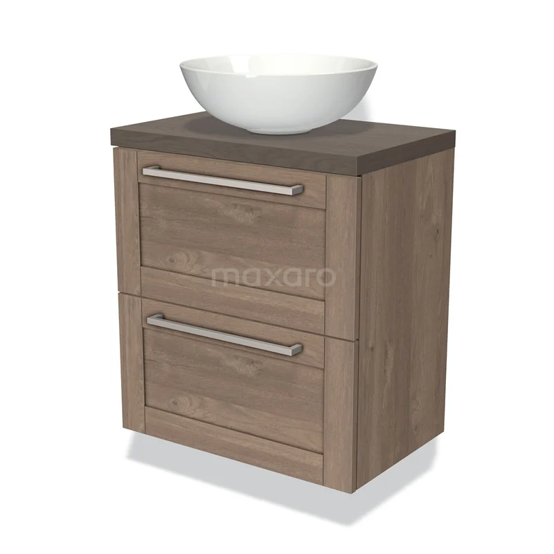 Houten badkamermeubel met twee lades en witte ronde waskom, modern design, ideaal voor compacte badkamers.