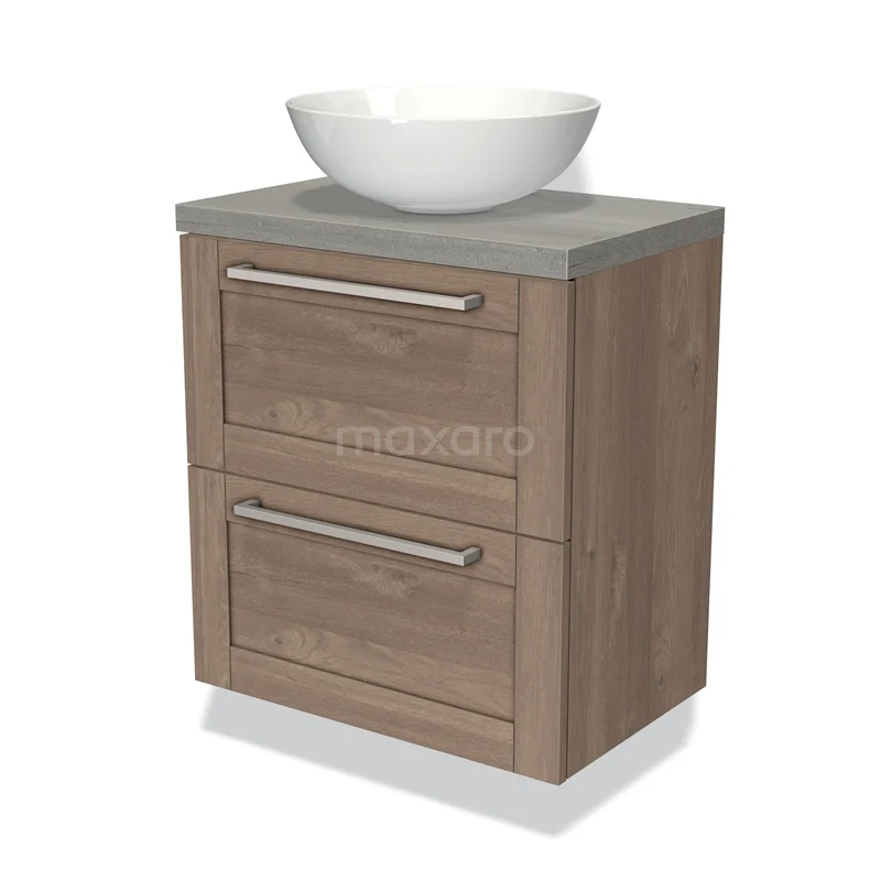 Badmöbel für Waschtischunterschrank mit Konsole 60cm Modulo Plato Slim mittelbraune Eiche 2 Schubladen Rahmen BMK37-00926 Holz Badmöbel mit zwei Schubladen, Grau Waschtischplatte und weißem Aufsatzwaschbecken. Modernes Design, ideal für ein stilvolles Badezimmer.