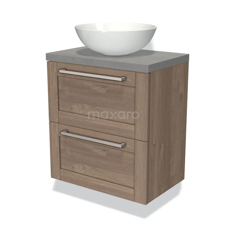 Houten badkamermeubel met twee lades, grijs blad en opbouw waskom in keramiek, compact en modern design.