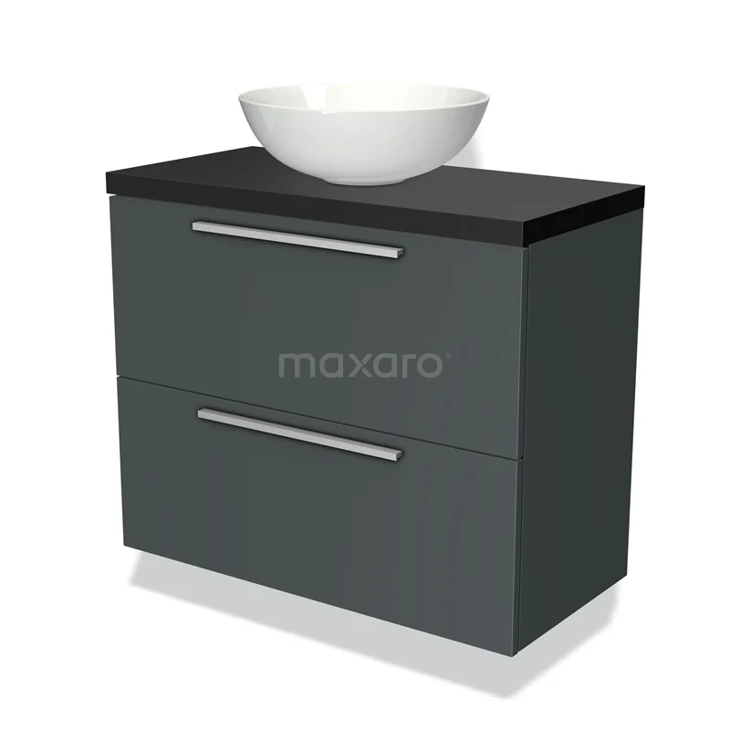 Donkergrijze badkamermeubelset met mat zwart blad, keramische opbouwwasbak en minimalistisch design, ideaal voor moderne badkamers.