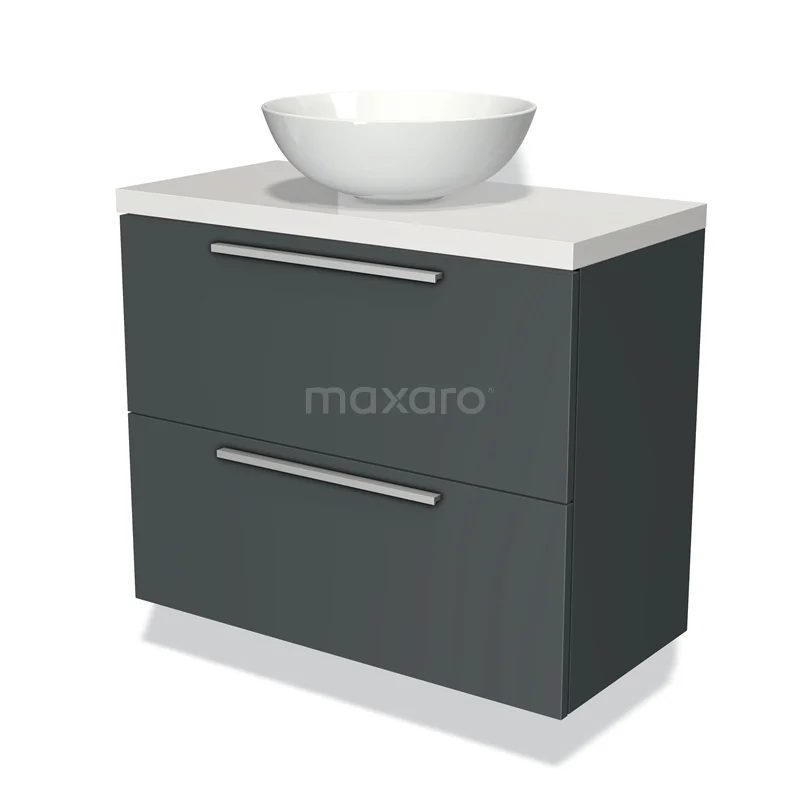 Donkergrijze badkamermeubelset met twee lades, bovenschaal wastafel en wit blad, modern design.