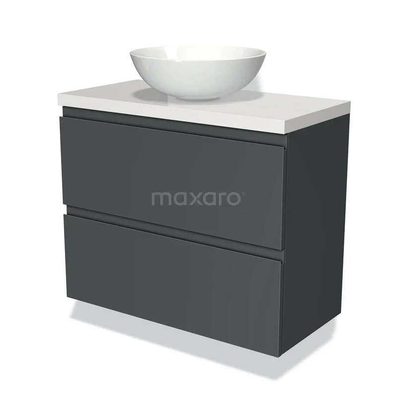 Donkergrijze badkamermeubel met twee lades, keramische wastafel en wit blad, modern design voor stijlvolle badkamers.