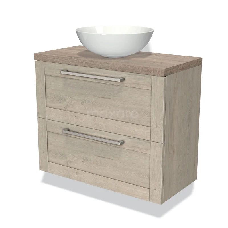 Wooden Bathroom unit with two drawers, top in natural wood tone and white round basin, ideal for modern bathrooms.