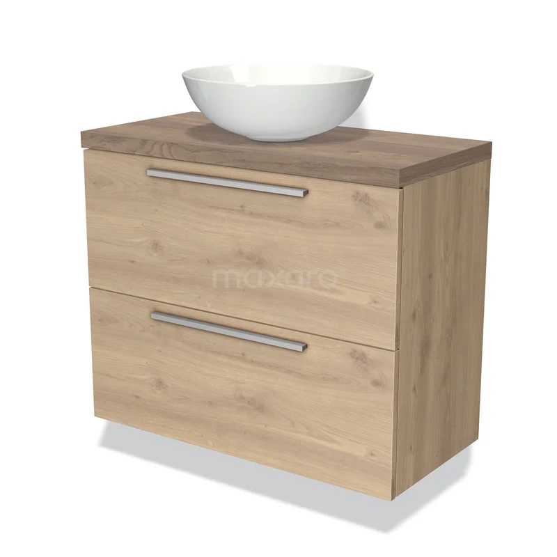 Wooden vanity units for countertop wash basin, oak look, with two drawers and metal handles, ideal for a modern bathroom style.