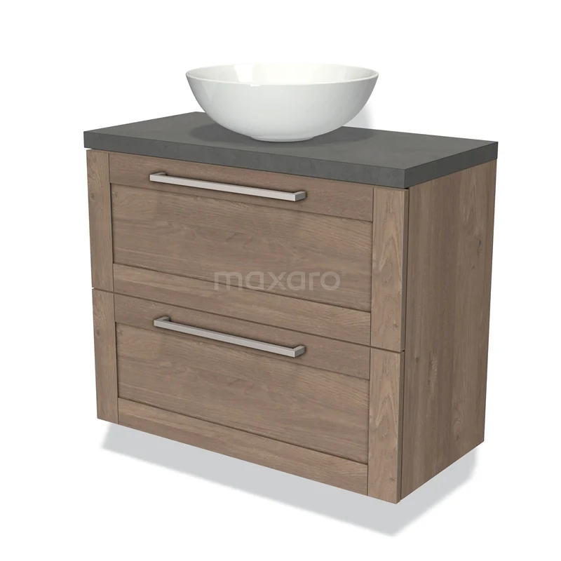 Houten badkamermeubel met grijs blad en moderne waskom, voorzien van twee lades met zilverkleurige handgrepen.