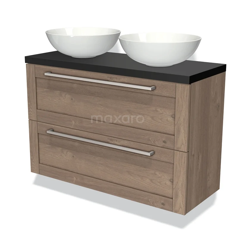 Houten badkamermeubel met twee witte ronde wastafels, zwarte blad en brede lades. Ideaal voor moderne badkamerinrichting.
