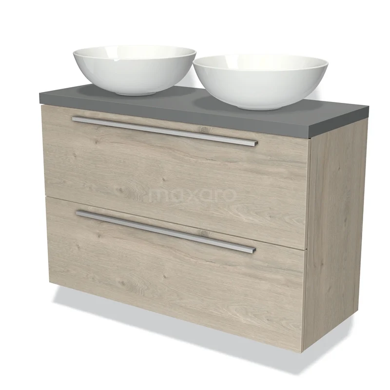 Houten badkamermeubel met dubbele witte waskommen, grijze bovenblad, en metalen lades uit moderne interieurserie.