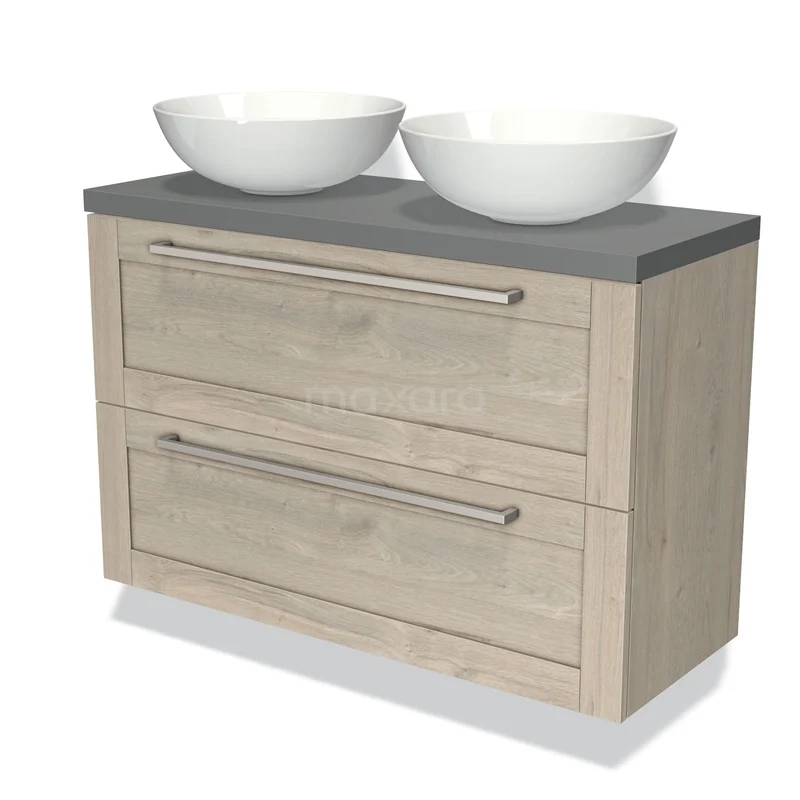 Modulo Plato Slim Badmöbel mit Aufsatzwaschbecken | 100 cm Hellgraue Eiche Rahmen front Mittelgrau blatt 2 übereinanderliegende Schubladen BMK37-01456 Hölzernes Badezimmermöbel mit 2 weißen Aufsatzwaschbecken, grauer Platte und Schubladen mit metallischen Griffen, geeignet für moderne Badezimmergestaltung.
