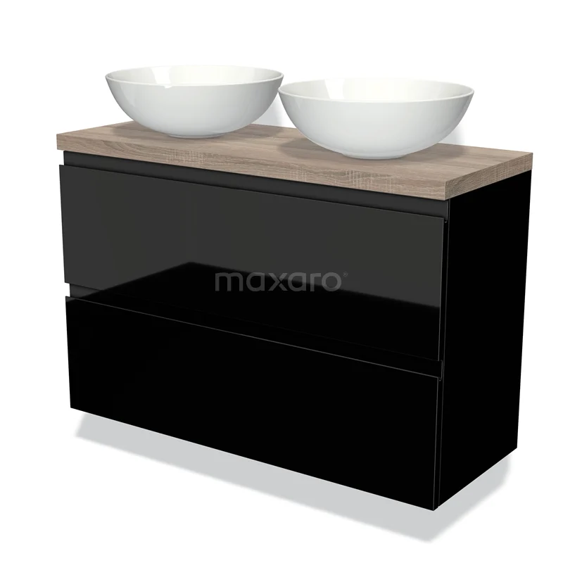 Zwart badkamermeubel met houtlook blad, dubbele witte waskommen en softclose-lades, modern design voor stijlvolle badkamers.