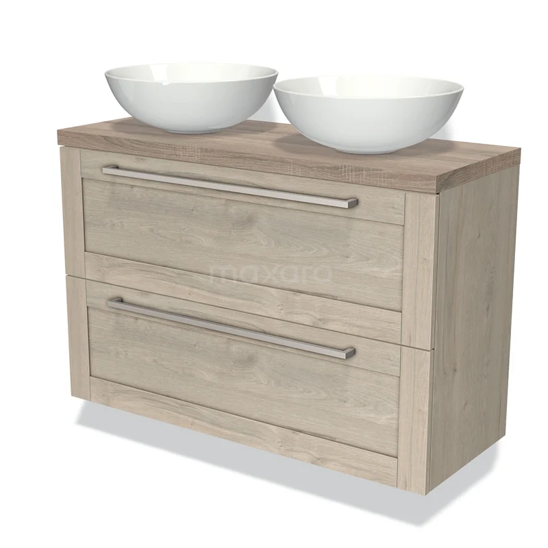 Houten badkamermeubel met dubbele witte waskommen, twee ruime lades en een moderne uitstraling. Perfect voor een stijlvolle badkamer.