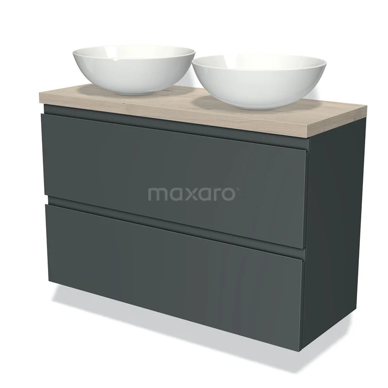 Donkergrijze badkamermeubelset met twee witte keramische waskommen, houten blad en strakke, moderne uitstraling.