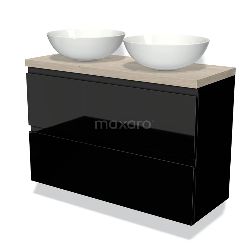 Zwart badkamermeubel met houtlook blad, dubbele komvormige wastafels van keramiek, modern design met sleuven voor laden.