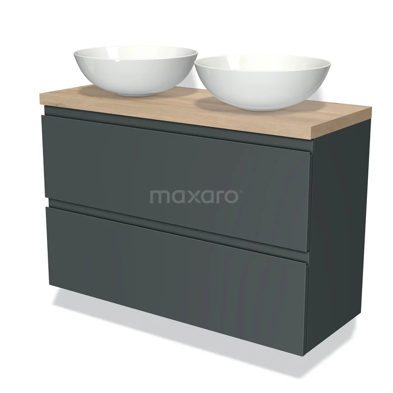 Donkergrijze badkamermeubelset met twee witte waskommen, houten blad en strakke lades, perfect voor een moderne badkamer.