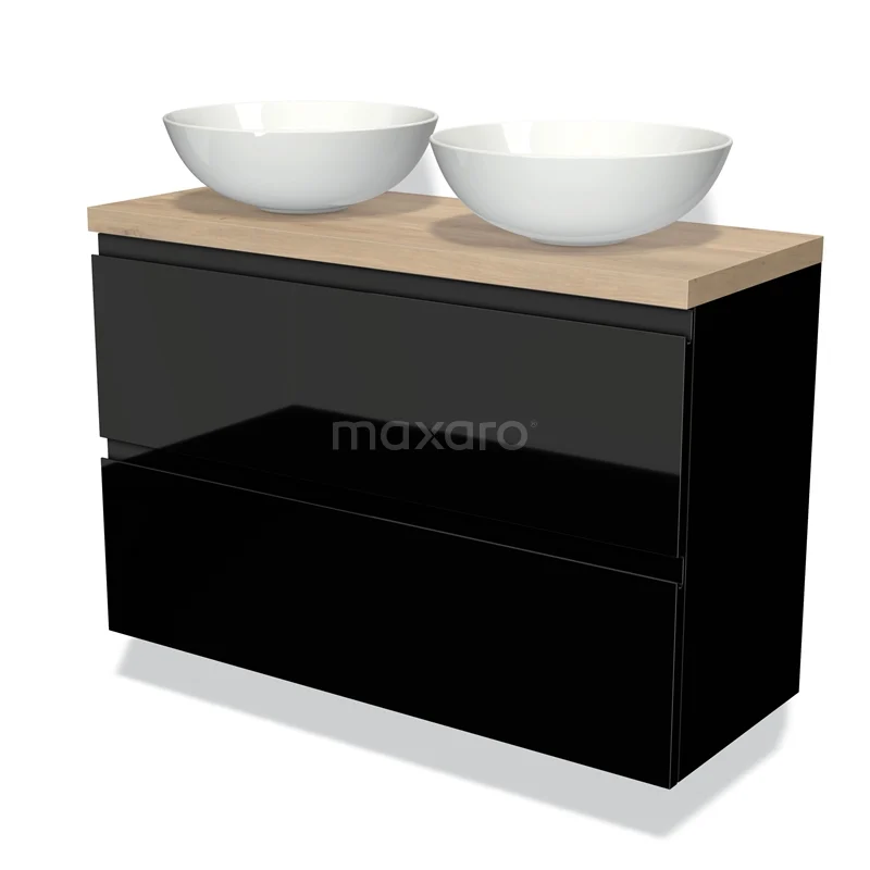 Modulo Plato Slim Vanity units for countertop basin | 100 cm High-gloss black Handle-less front Light brown oak worktop 2 Stacked drawers BMK37-01660