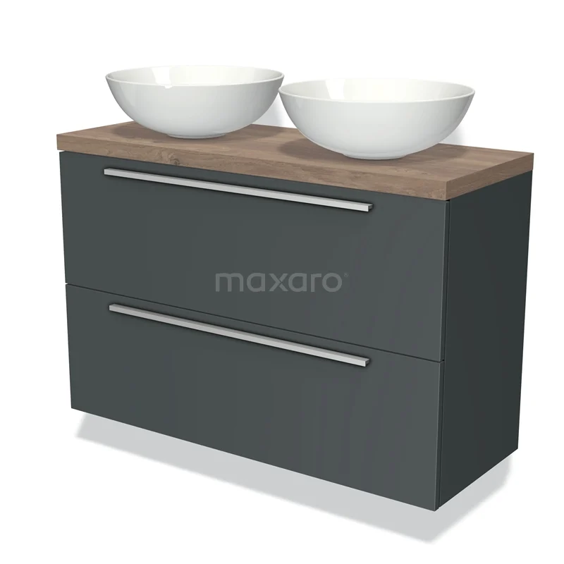 Badkamermeubel met houten blad, twee witte waskommen en matgrijze lades, modern design.