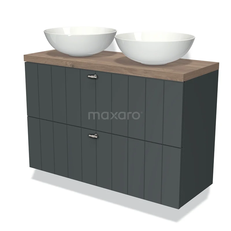 Dark grey bathroom unit with wood-look worktop, two surface-mounted vanity units with basins and vertical lines; modern design.