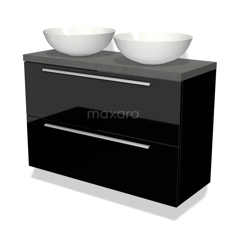 Modulo Plato Slim Vanity units for countertop basin | 100 cm High-gloss black Flat front Dark grey concrete worktop 2 Stacked drawers BMK37-01809