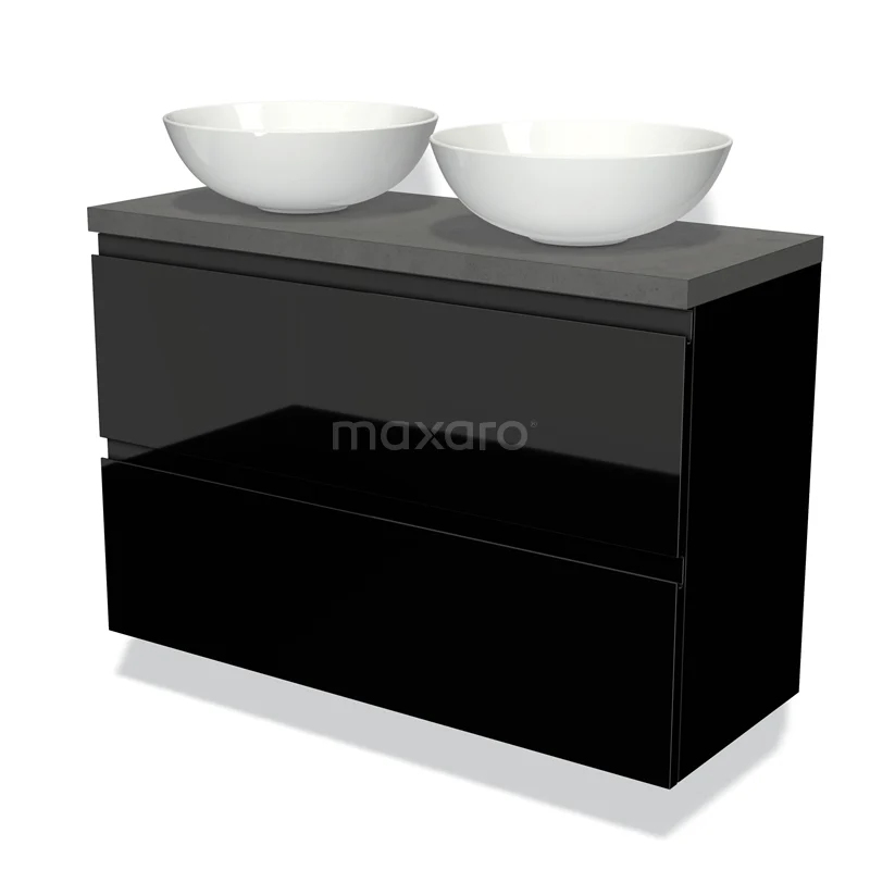 Modulo Plato Slim Vanity units for countertop basin | 100 cm High-gloss black Handle-less front Dark grey concrete worktop 2 Stacked drawers BMK37-01811