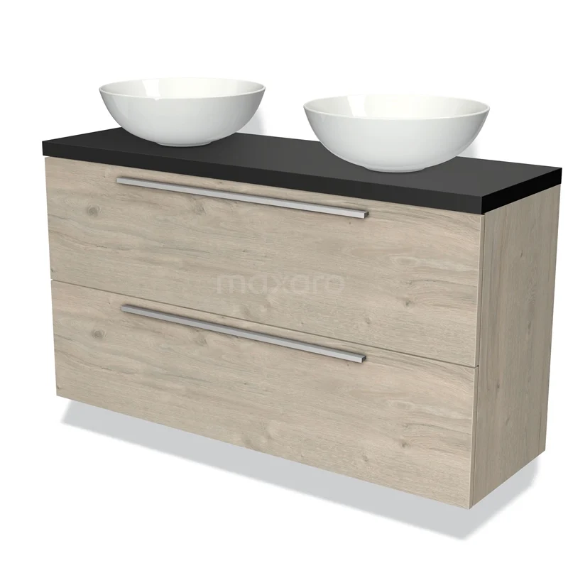 Modulo Plato Slim Vanity units for countertop basin | 120 cm Light grey oak Flat front Matte black worktop 2 Stacked drawers BMK37-01842